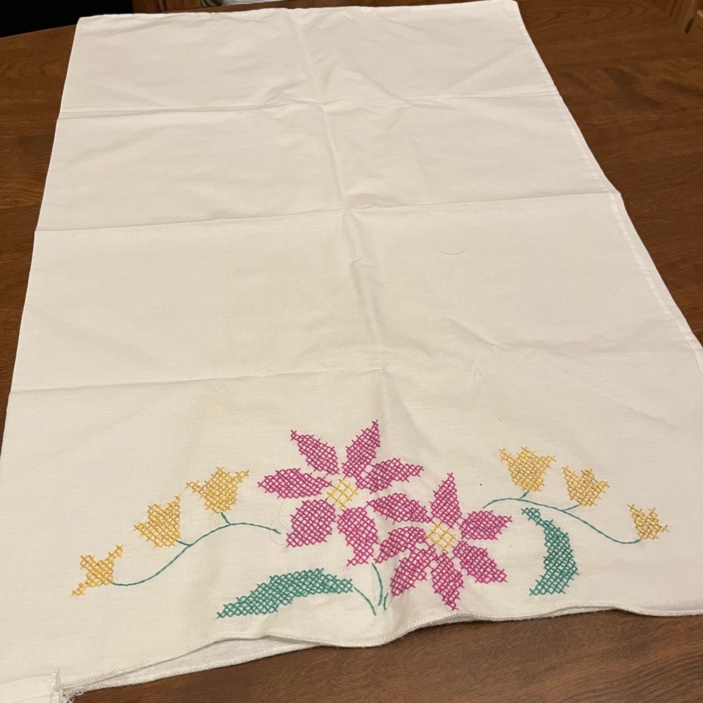 Vintage Floral Embroidered Pillow Cases- Green, Pink, Yellow